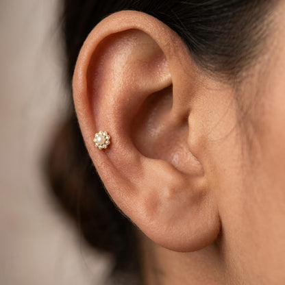 9K Gold Pearl Floral Halo Second Stud Earrings