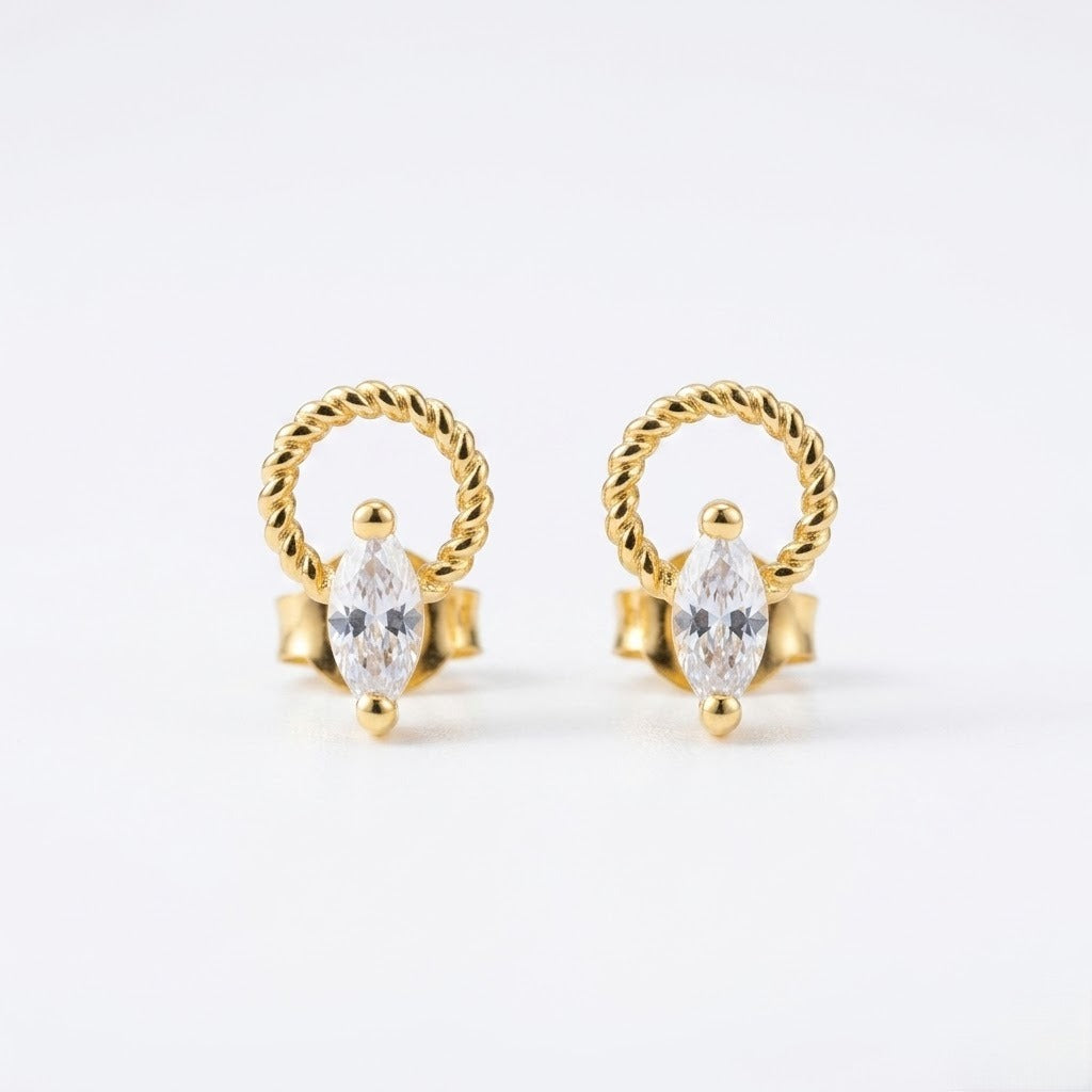 9K Gold Marquise Solitaire Hoop Second Stud Earrings