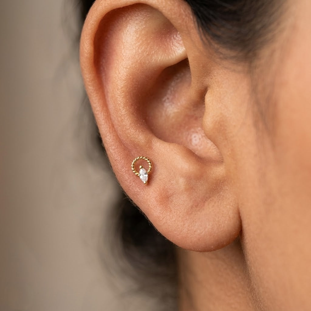 9K Gold Marquise Solitaire Hoop Second Stud Earrings