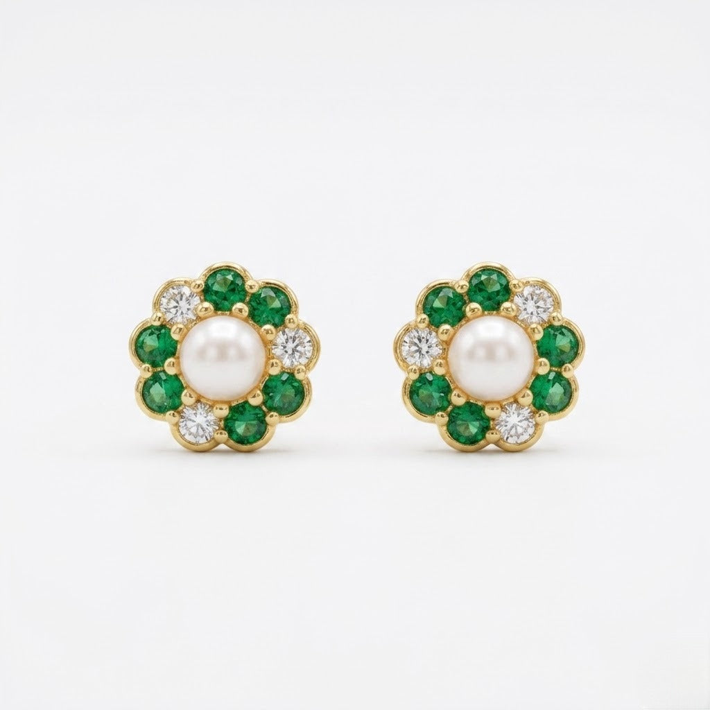 9K Gold Pearl Emerald Floral Second Stud Earrings