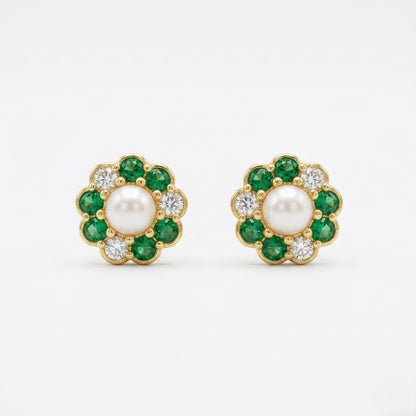 9K Gold Pearl Emerald Floral Second Stud Earrings