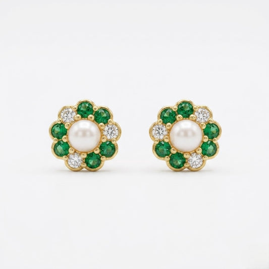 9K Gold Pearl Emerald Floral Second Stud Earrings