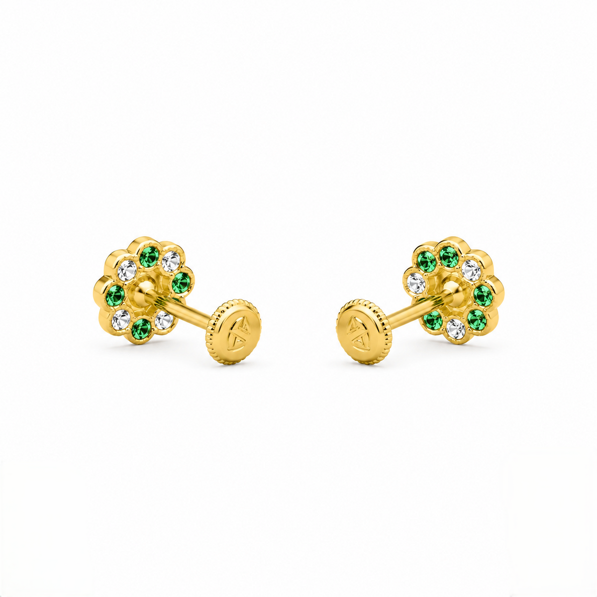 9K Gold Pearl Emerald Floral Second Stud Earrings