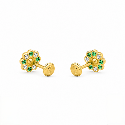 9K Gold Pearl Emerald Floral Second Stud Earrings