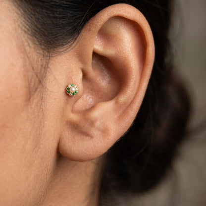 9K Gold Pearl Emerald Floral Second Stud Earrings