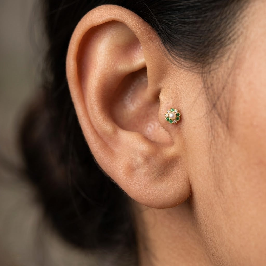 9K Gold Pearl Emerald Floral Second Stud Earrings