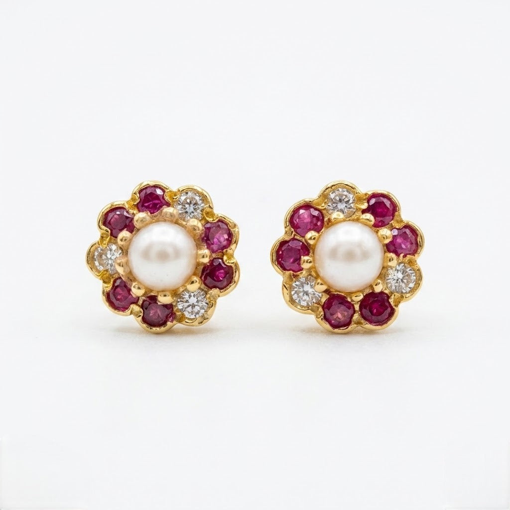 9K Gold Pearl Ruby Floral Second Stud Earrings
