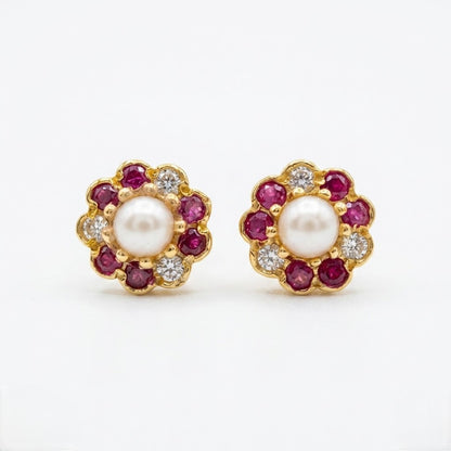 9K Gold Pearl Ruby Floral Second Stud Earrings