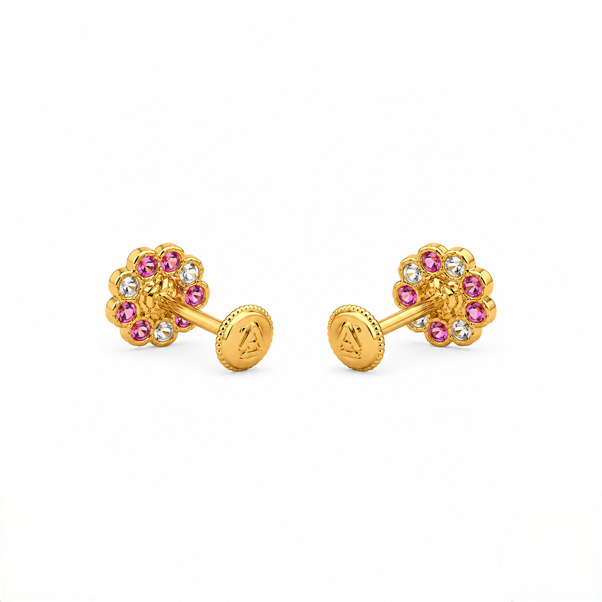 9K Gold Pearl Ruby Floral Second Stud Earrings