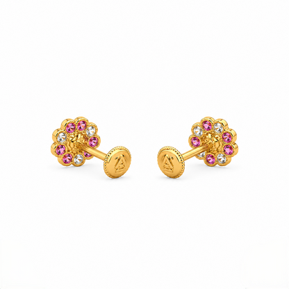 9K Gold Pearl Ruby Floral Second Stud Earrings