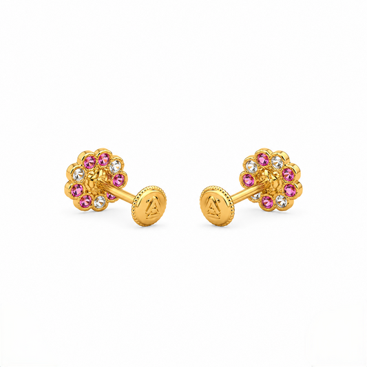 9K Gold Pearl Ruby Floral Second Stud Earrings