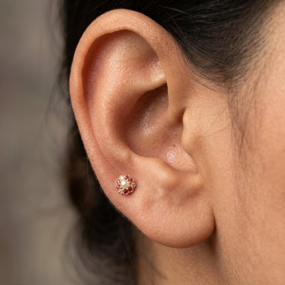 9K Gold Pearl Ruby Floral Second Stud Earrings