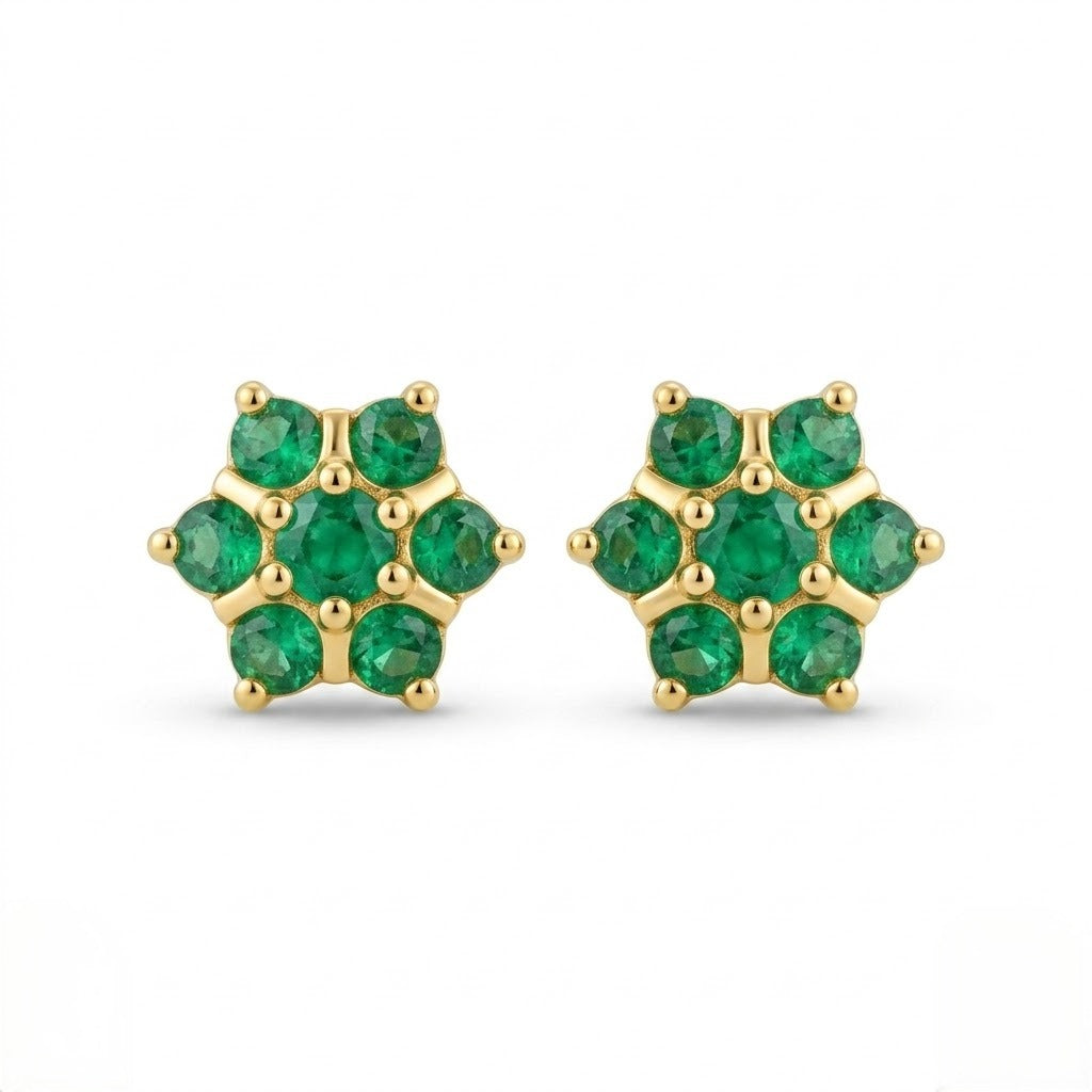 9K Gold Emerald Cluster Second Stud Earrings