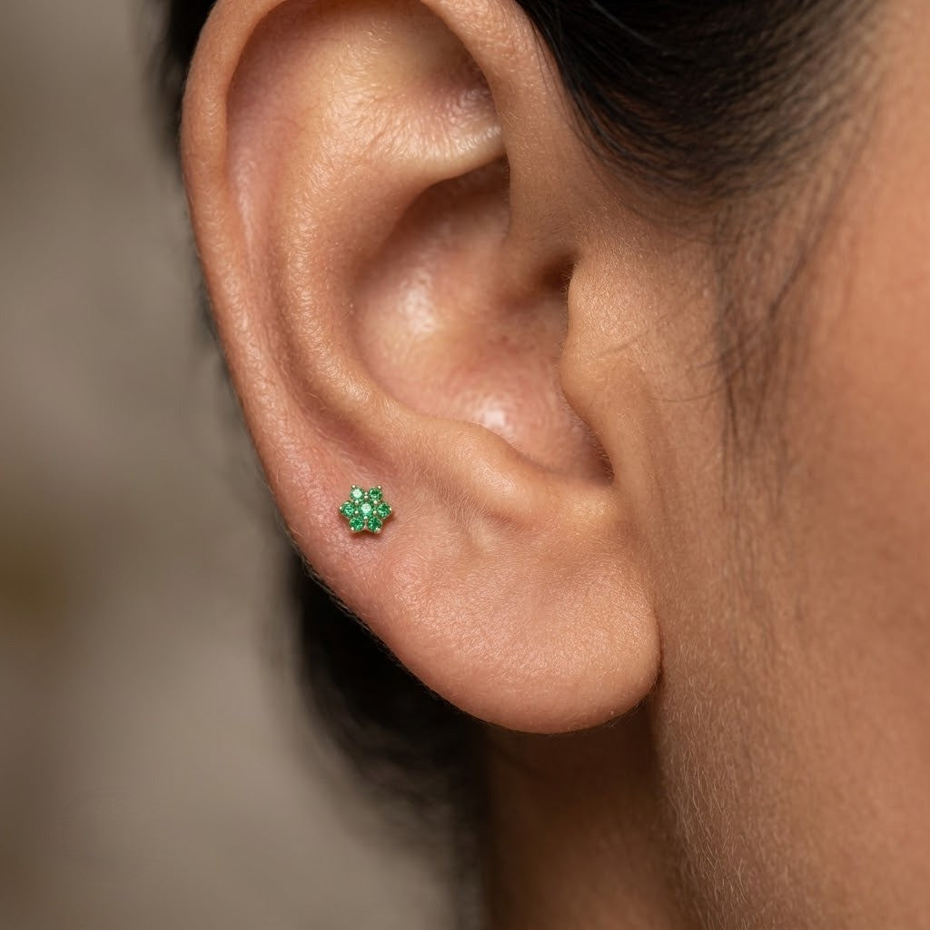 9K Gold Emerald Cluster Second Stud Earrings