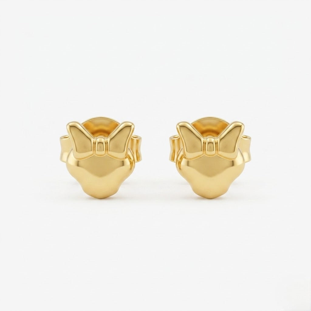 9K Gold Bow Heart Second Stud Earrings