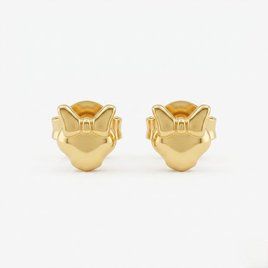 9K Gold Bow Heart Second Stud Earrings
