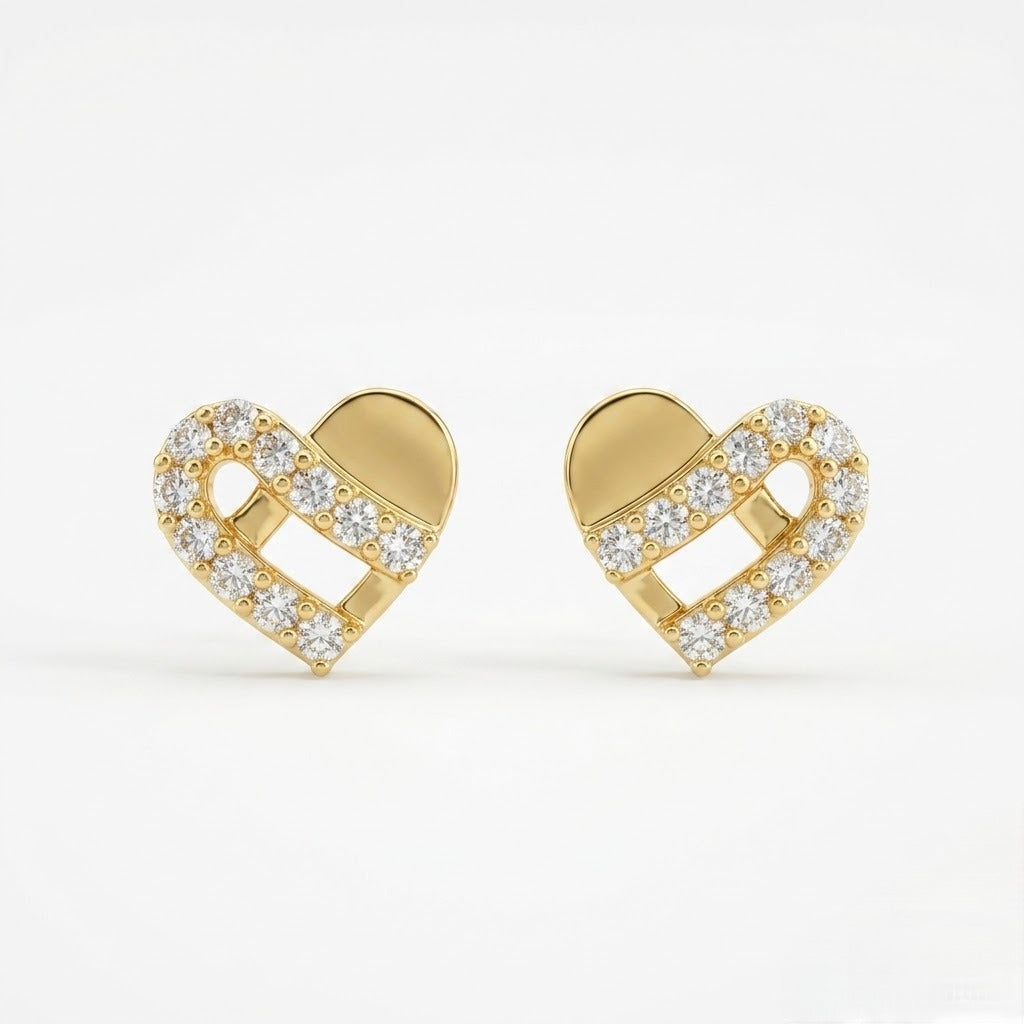 9K Gold Diamond Lace Heart Second Stud Earrings