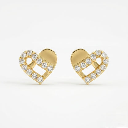 9K Gold Diamond Lace Heart Second Stud Earrings