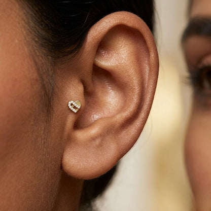 9K Gold Diamond Lace Heart Second Stud Earrings