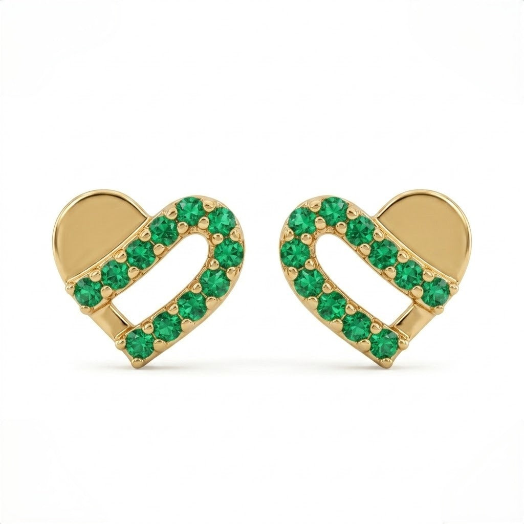 9K Gold Emerald Ribbon Heart Second Stud Earrings