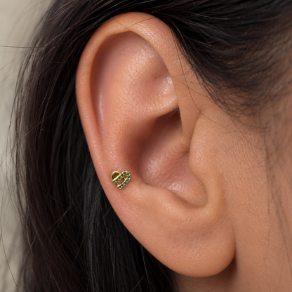 9K Gold Emerald Ribbon Heart Second Stud Earrings