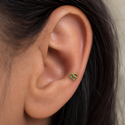 9K Gold Emerald Ribbon Heart Second Stud Earrings