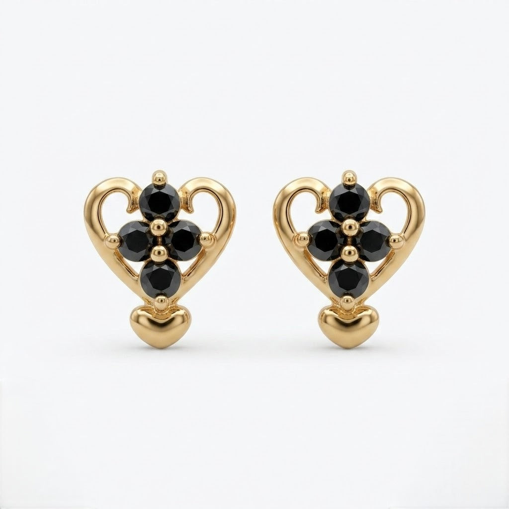 9K Gold Black Bloom Heart Second Stud Earrings
