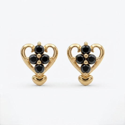 9K Gold Black Bloom Heart Second Stud Earrings