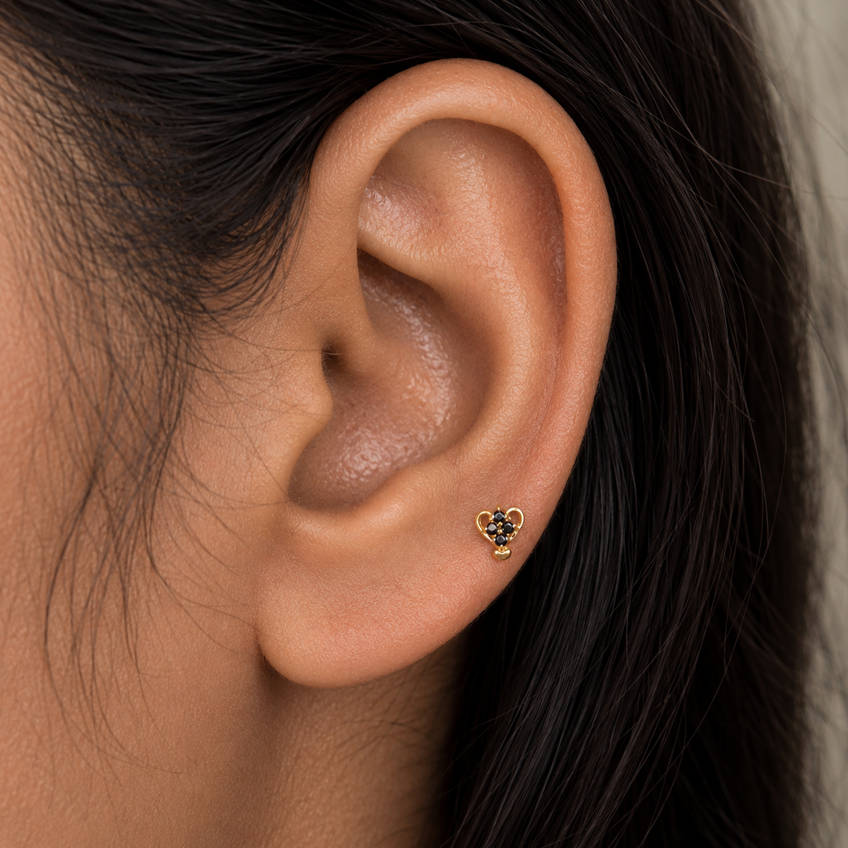 9K Gold Black Bloom Heart Second Stud Earrings