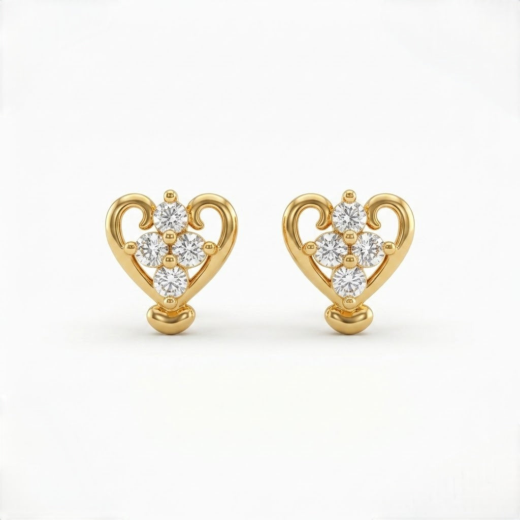 9K Gold Crystal Heart Curl Second Stud Earrings