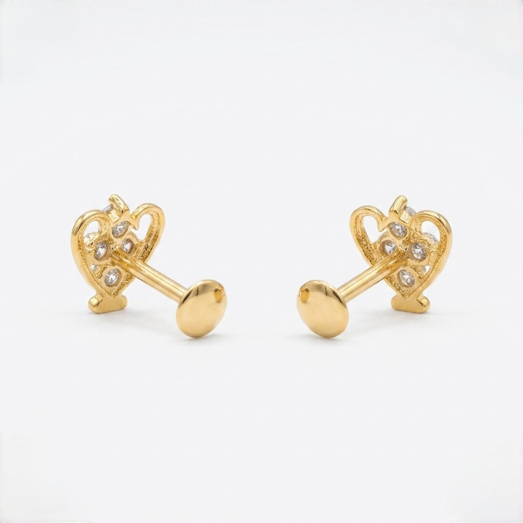 9K Gold Crystal Heart Curl Second Stud Earrings