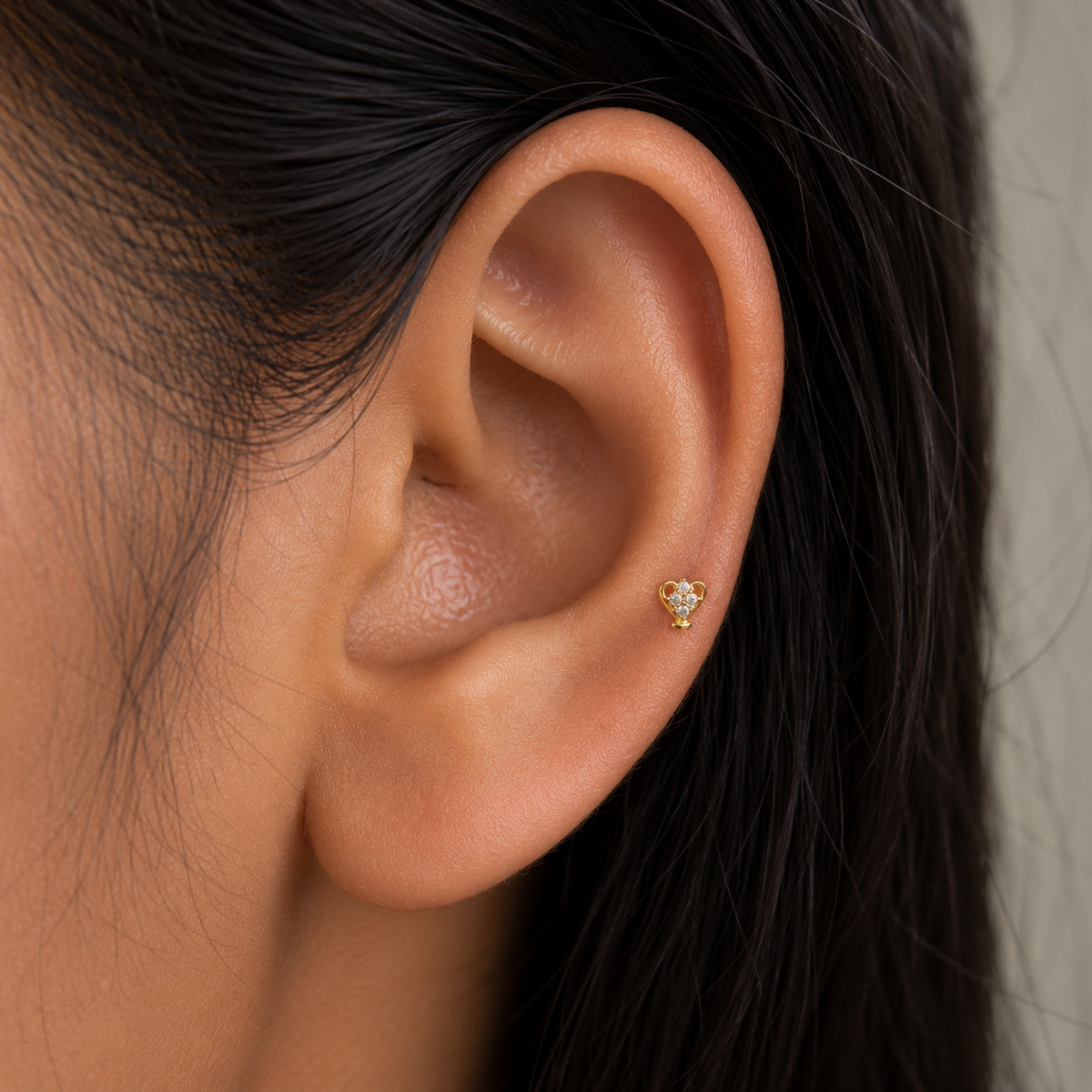 9K Gold Crystal Heart Curl Second Stud Earrings