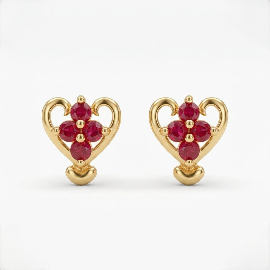 9K Gold Ruby Heart Curl Second Stud Earrings