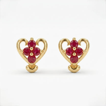 9K Gold Ruby Heart Curl Second Stud Earrings