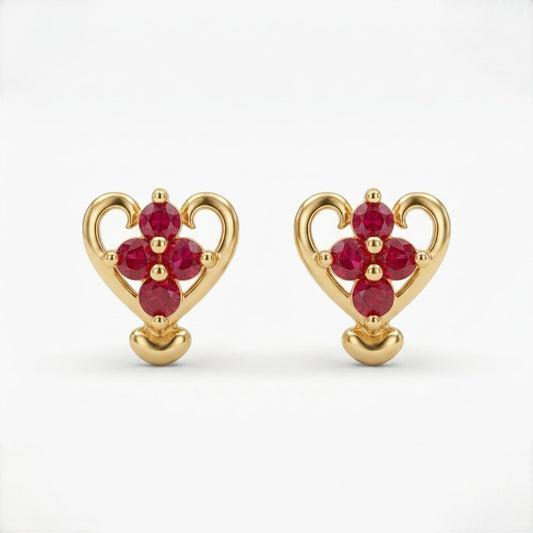 9K Gold Ruby Heart Curl Second Stud Earrings