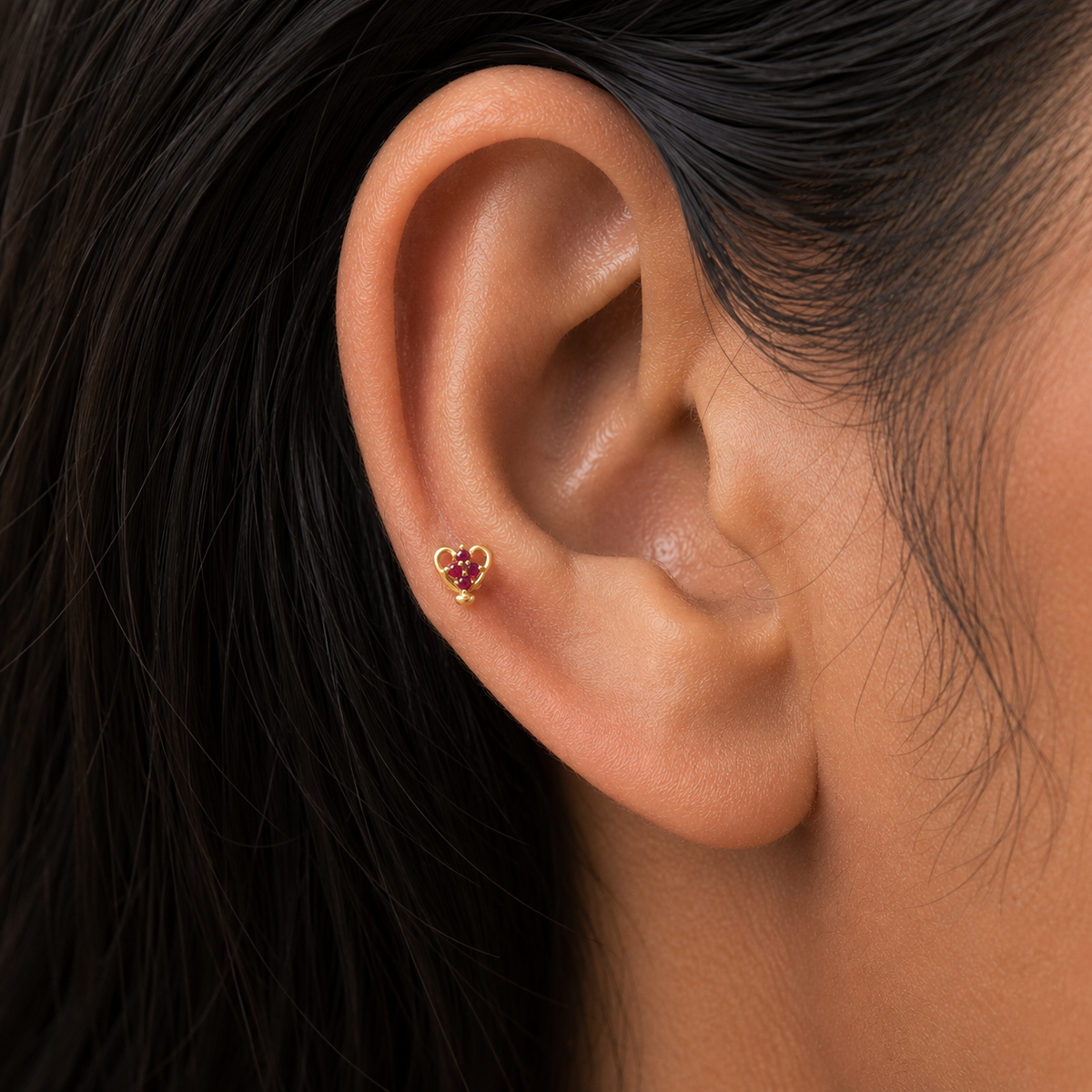 9K Gold Ruby Heart Curl Second Stud Earrings