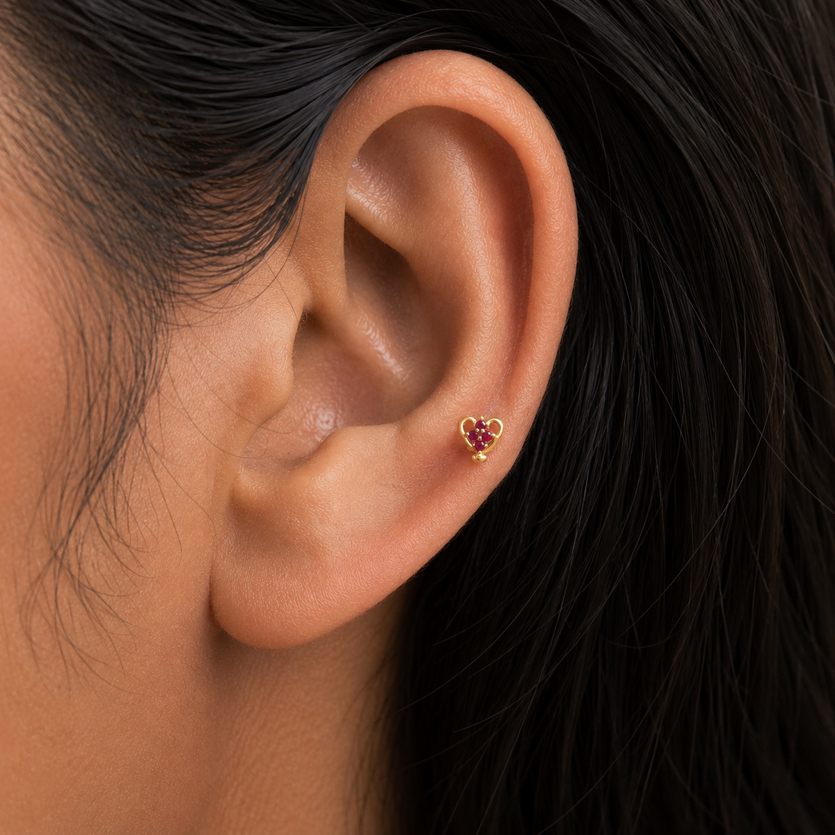 9K Gold Ruby Heart Curl Second Stud Earrings