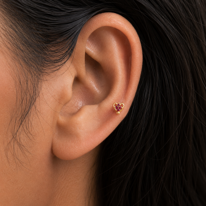 9K Gold Ruby Heart Curl Second Stud Earrings