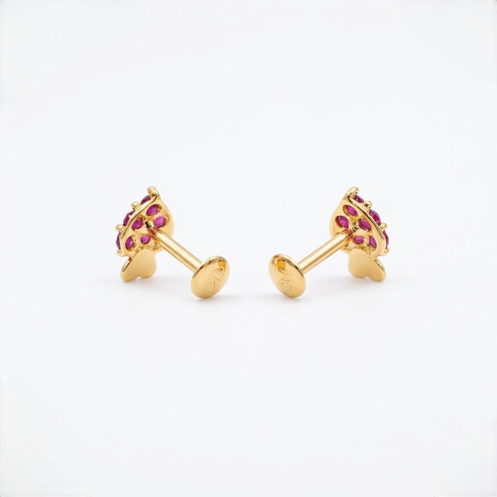 9K Gold Ruby Leaf Heart Second Stud Earrings