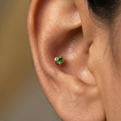 9K Gold Emerald Heart Solitaire Second Stud Earrings