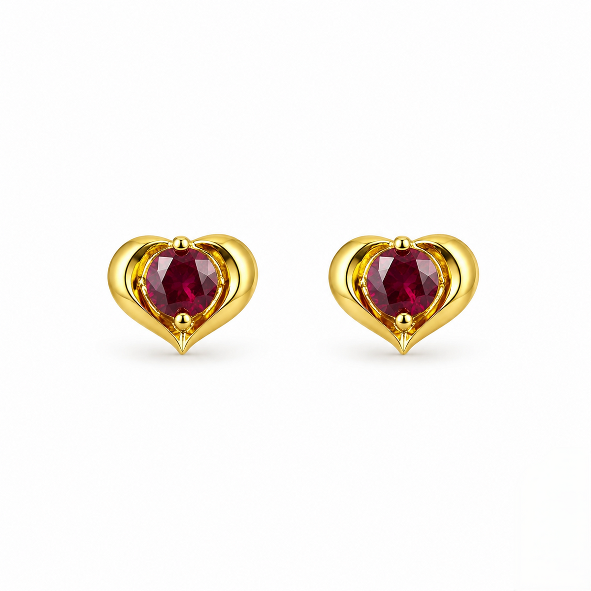9K Gold Ruby Heart Crown Second Stud Earrings
