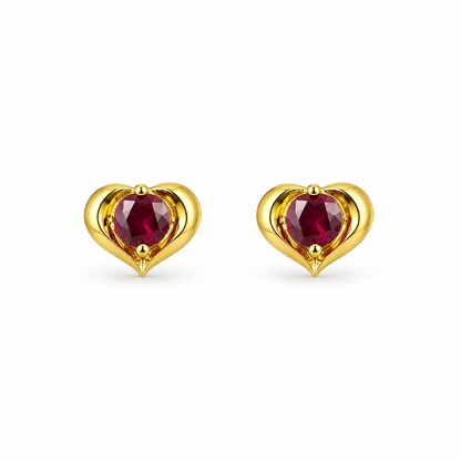 9K Gold Ruby Heart Crown Second Stud Earrings