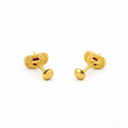 9K Gold Ruby Heart Crown Second Stud Earrings