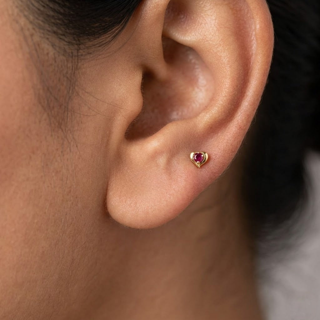 9K Gold Ruby Heart Crown Second Stud Earrings