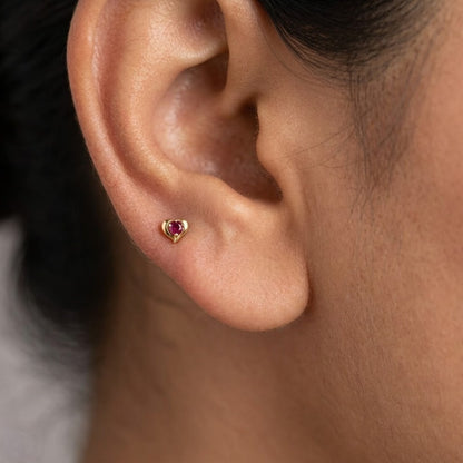 9K Gold Ruby Heart Crown Second Stud Earrings