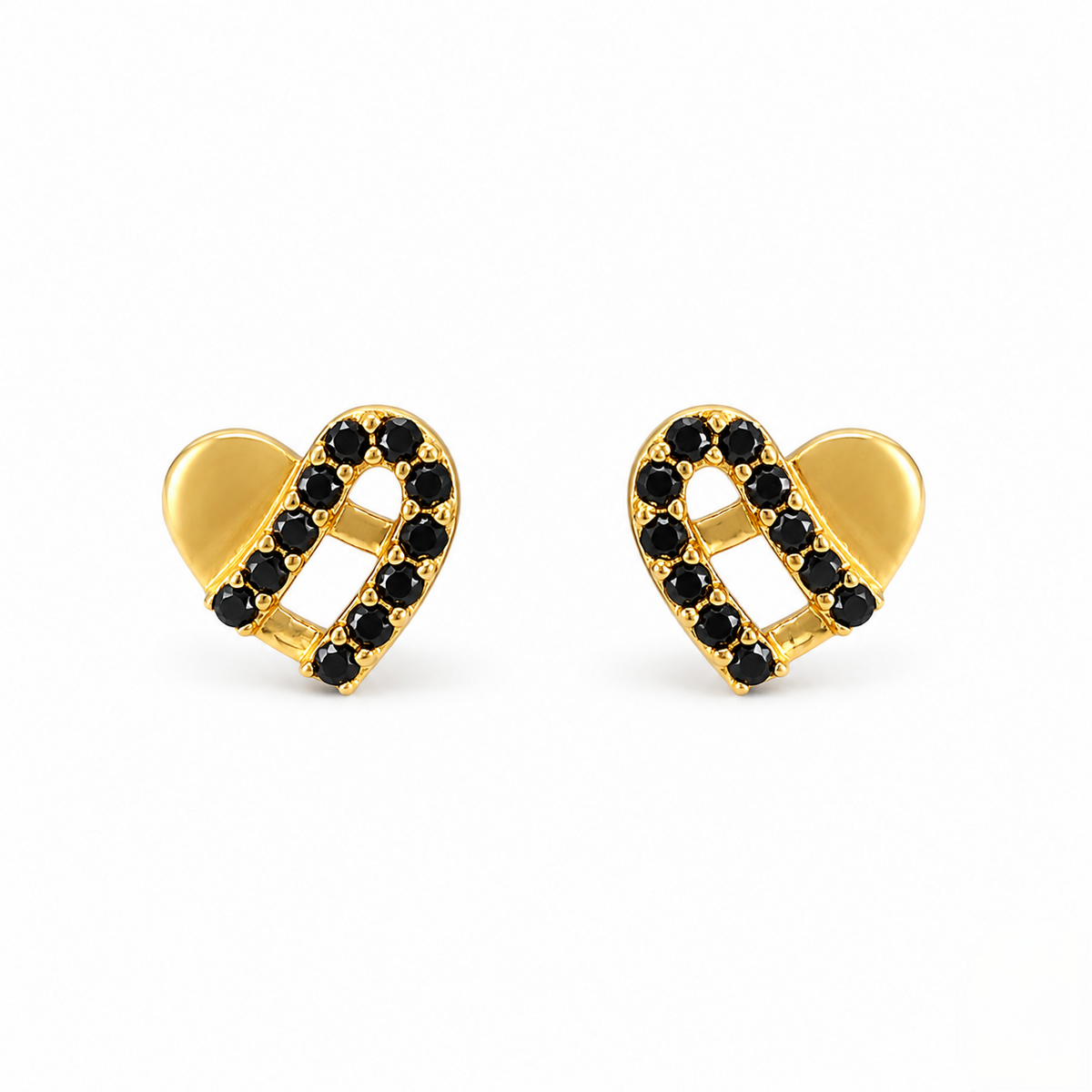 9K Gold Black Stone Ribbon Heart Second Stud Earrings