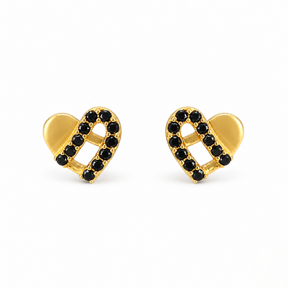 9K Gold Black Stone Ribbon Heart Second Stud Earrings