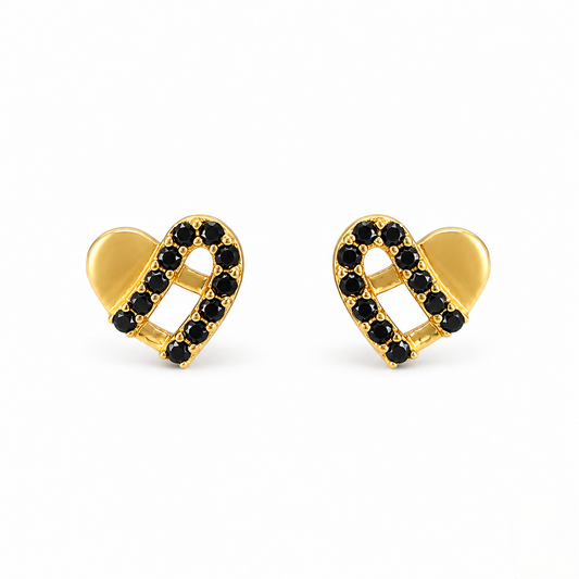 9K Gold Black Stone Ribbon Heart Second Stud Earrings
