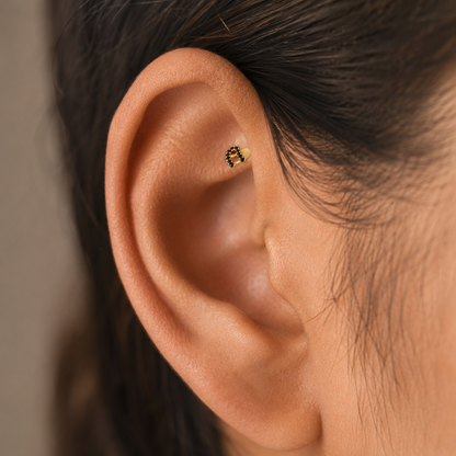 9K Gold Black Stone Ribbon Heart Second Stud Earrings