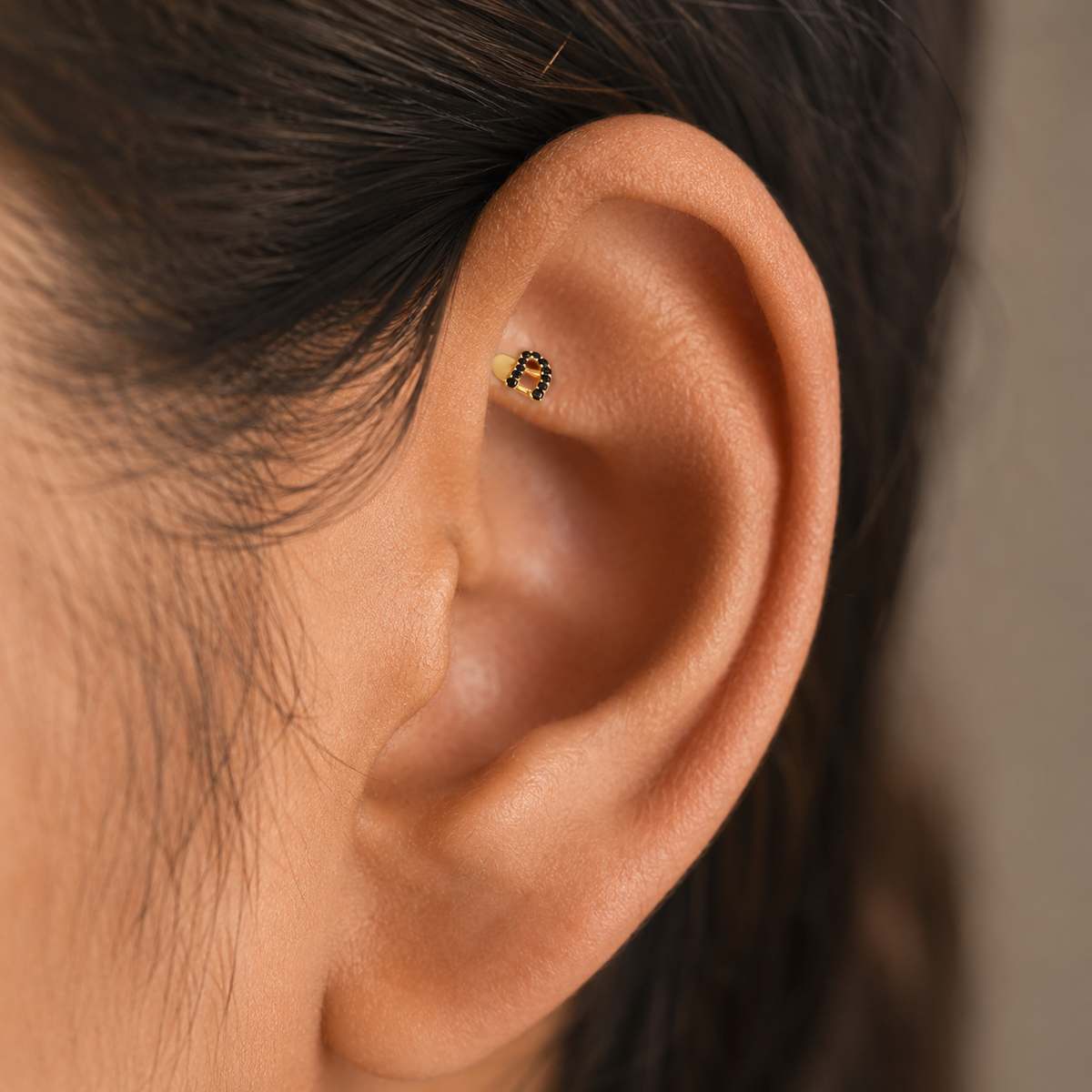 9K Gold Black Stone Ribbon Heart Second Stud Earrings